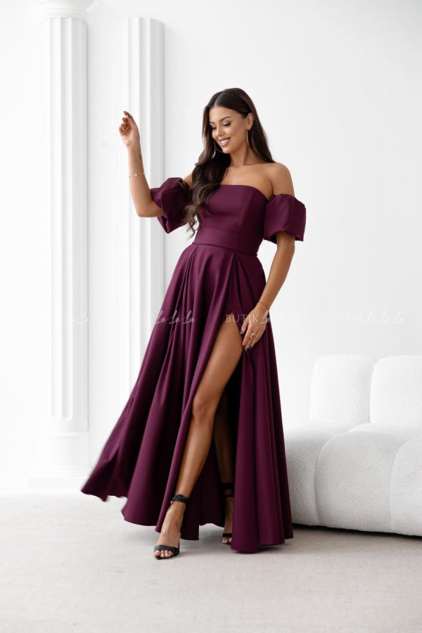 Sukienka maxi burgundowa z szarfą i rękawkami forest