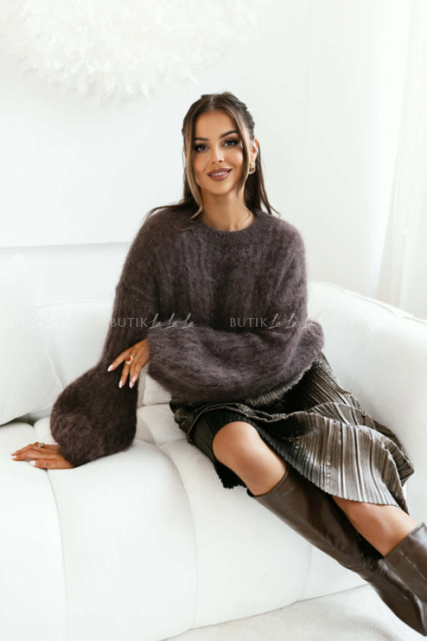 Sweter moherowy z rękawami typu baloon brązowy cosy