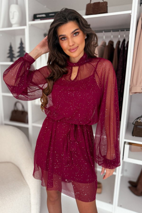 Błyszcząca sukienka z siateczki wiązana w pasie shine bordo