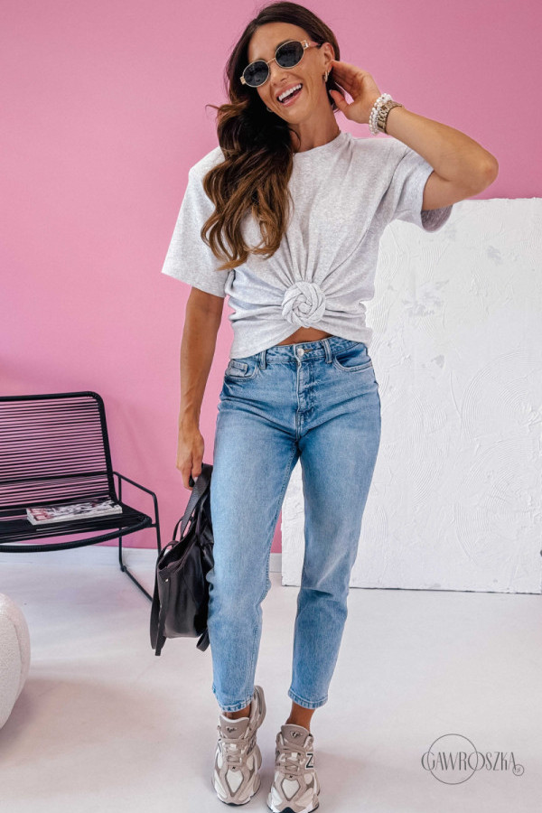 T-shirt z ozdobną różą - szary melanż