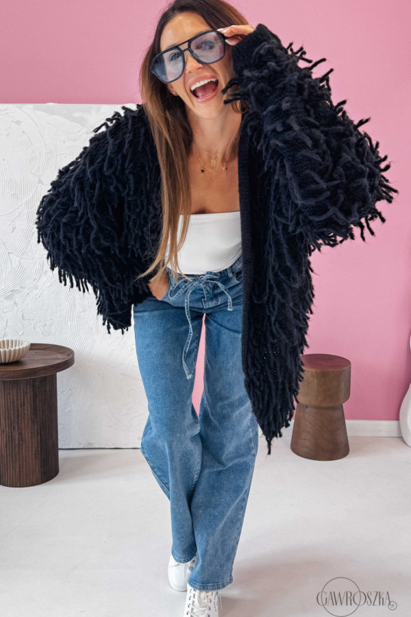 Krótki kardigan z frędzlami frangia - czarny