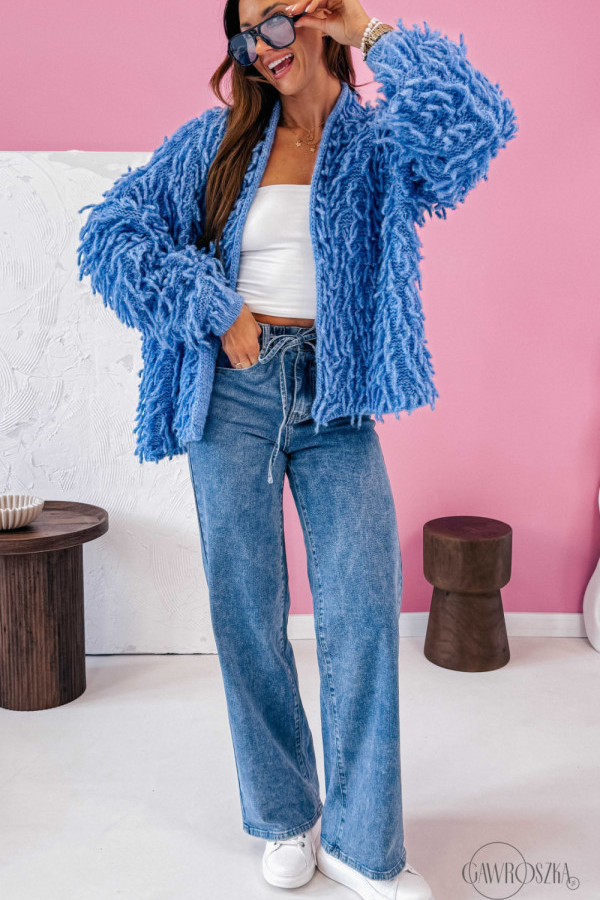 Krótki kardigan z frędzlami frangia - niebieski