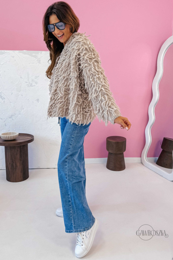 Krótki kardigan z frędzlami frangia - beż