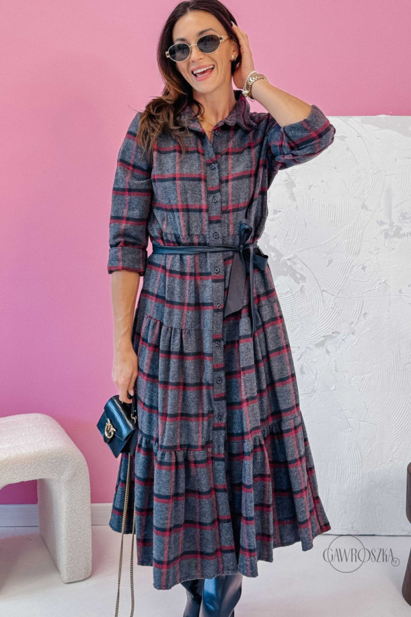 Flanelowa szmizjerka z przwiązaniem - szaro-beżowa krata