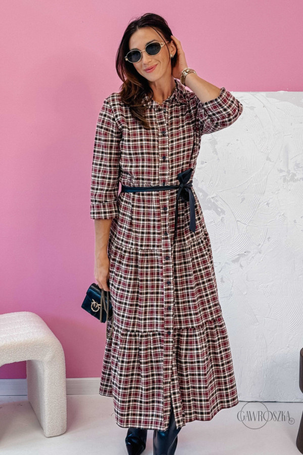 Flanelowa szmizjerka z przwiązaniem - biało-bordowa krateczka