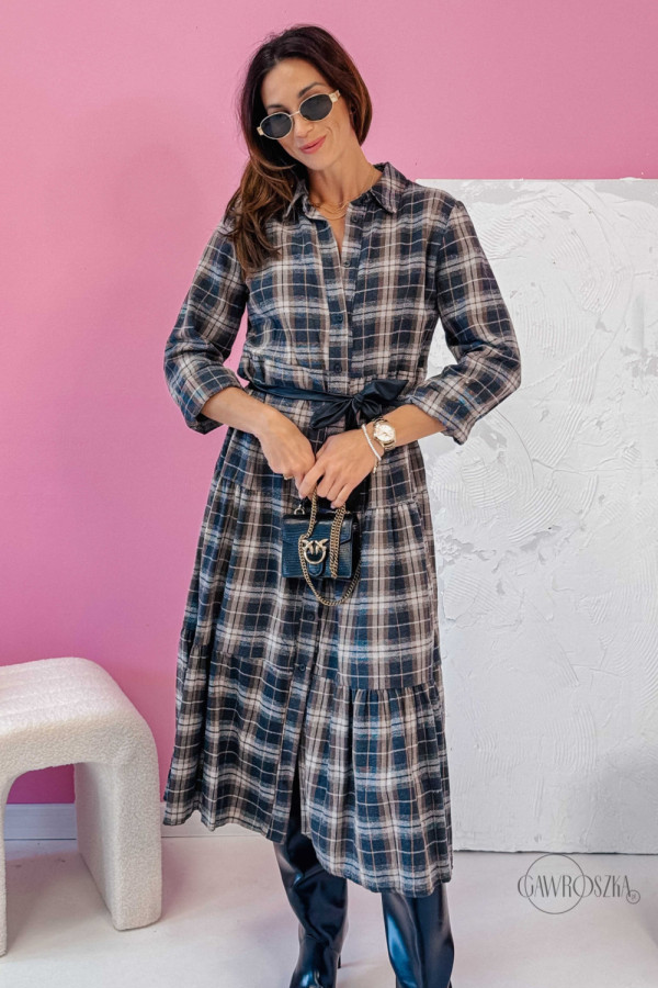 Flanelowa szmizjerka z przwiązaniem - grafitowa w bordową kratę