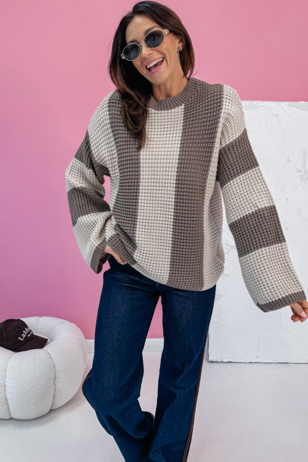 Sweter ariel poziome pasy - czekolada/beż