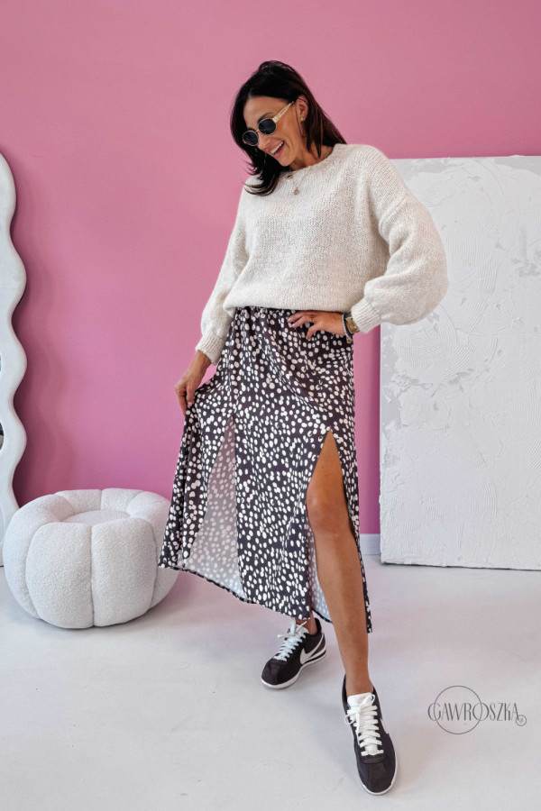 Spódnica z dwoma rozcięciami pola - czekoladowa w groszki
