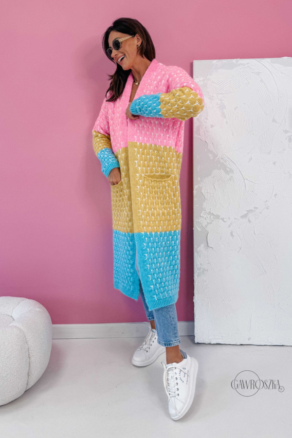 Długi kardigan z kieszeniami becca - baby róż-cytryna-niebo