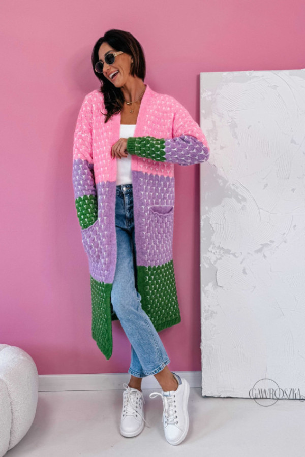 Długi kardigan z kieszeniami becca - baby róż-lila-trawa