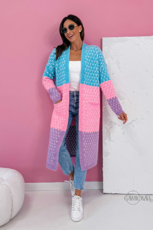 Długi kardigan z kieszeniami becca - niebo-baby róż-lila