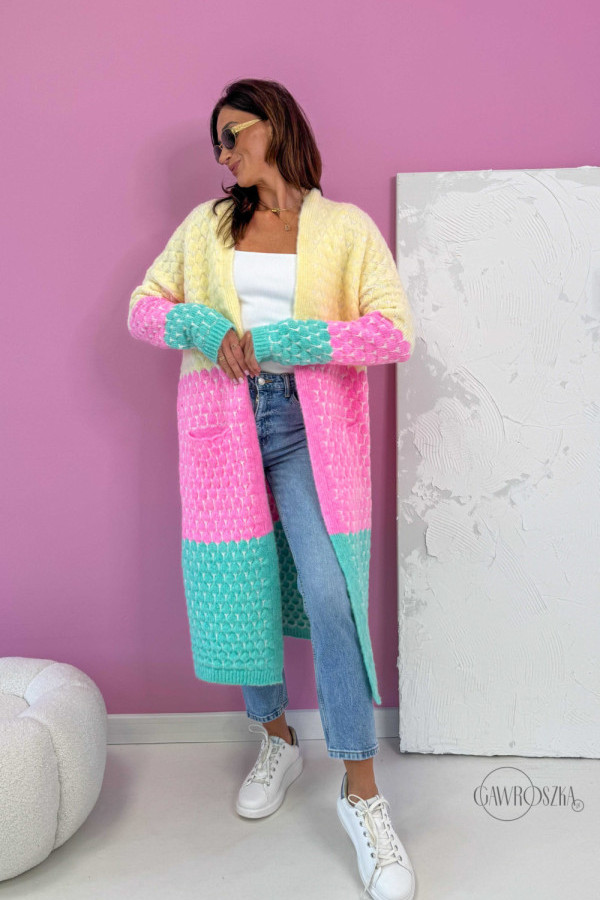 Długi kardigan z kieszeniami becca - wanilia-baby róż-seledyn