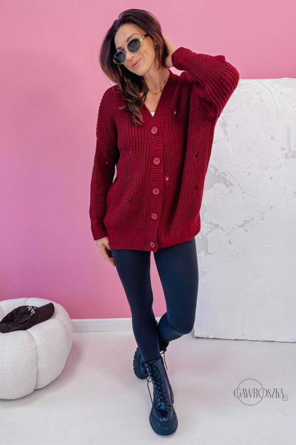 Sweter rozpiany z dziurkami - bordo