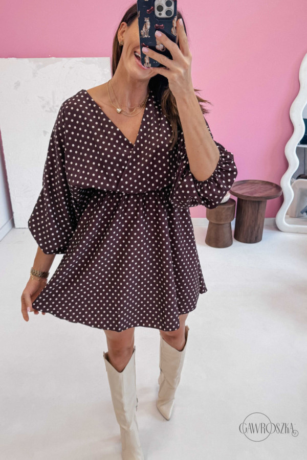 Sukienka ala kimono - ciemna czekolada w goroszki