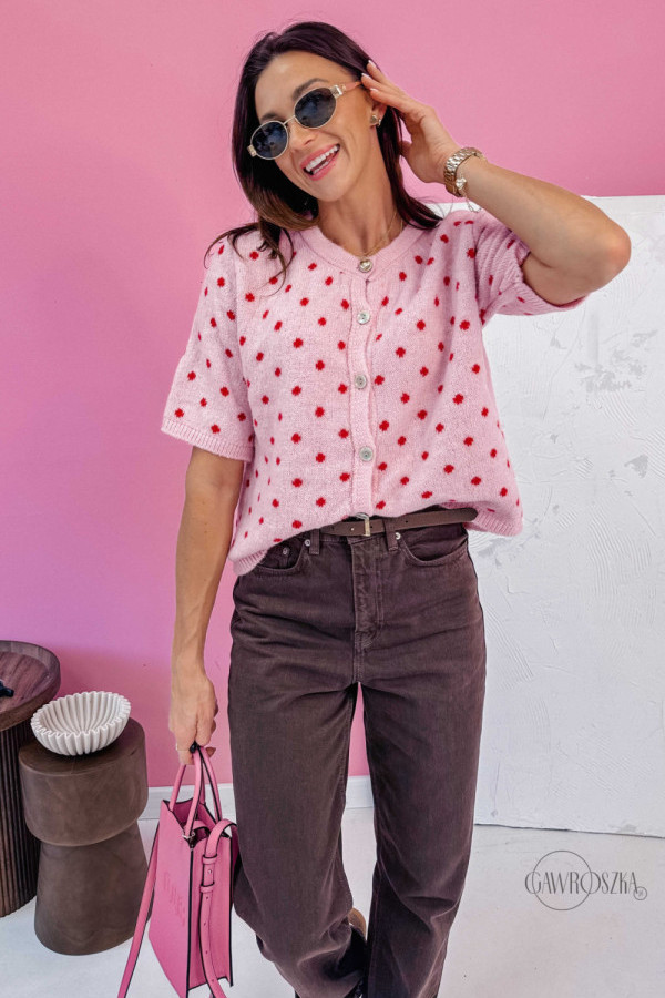 Sweterek rozpinany w groszki - różowy
