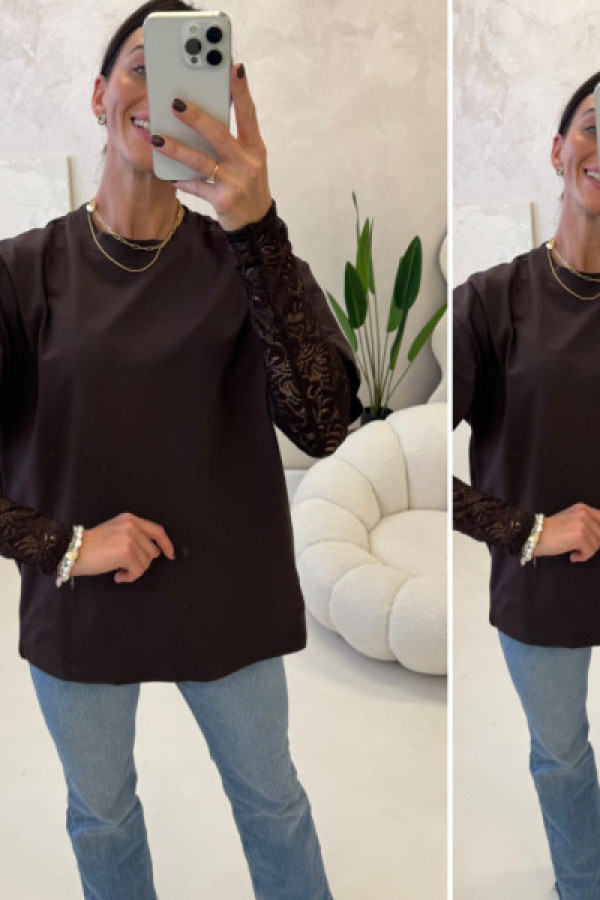 Bluzka z koronkowym rękawem - czekoladowa