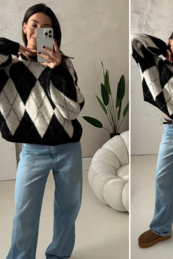 Sweter w romby - szaro czarny