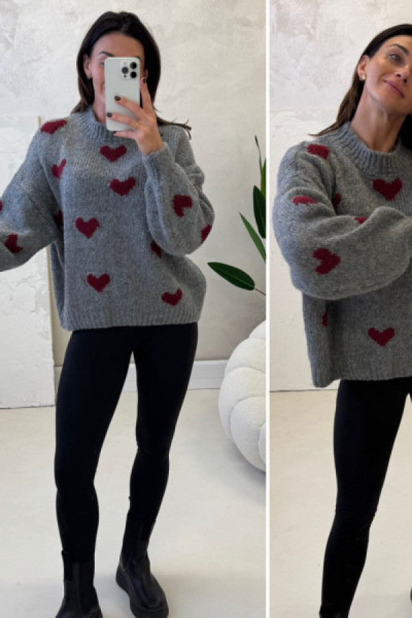 Sweter szary w serduszka