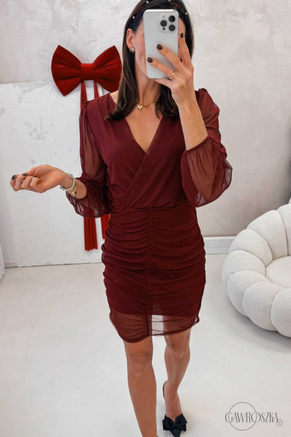 Sukienka z siateczki z marszczeniem anna - bordowa