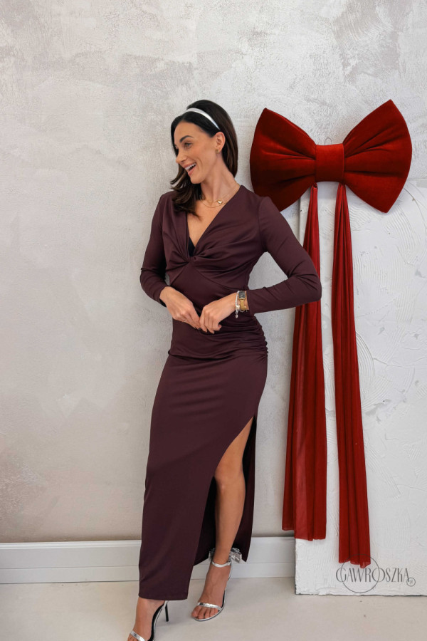 Sukienka maxi z rozcięciem alie - czekoladowa