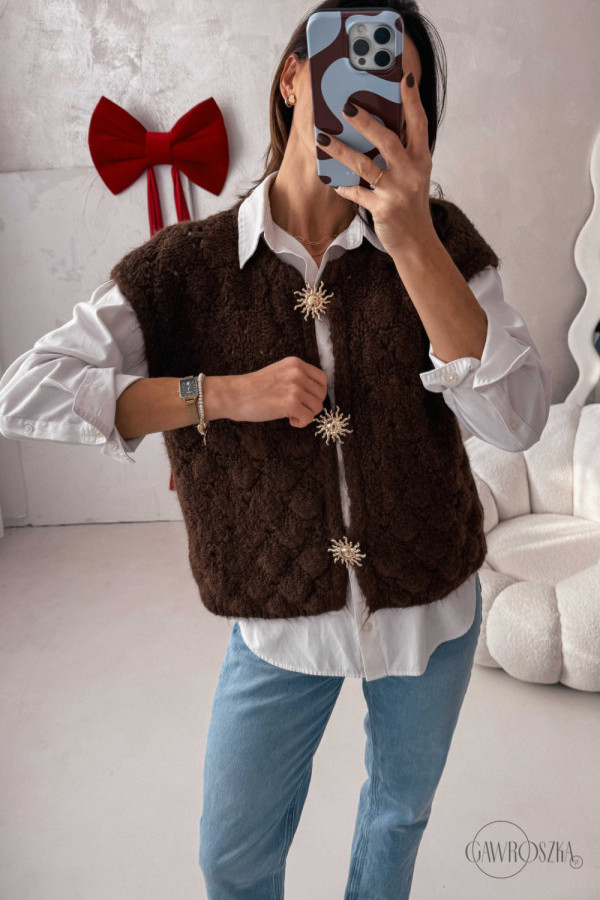 Bezrękawnik z broszkami - czekoladowy