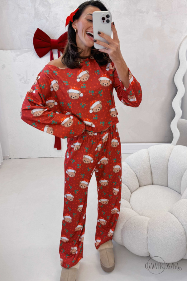 Piżamka sweet długa ii - czerwona w misie