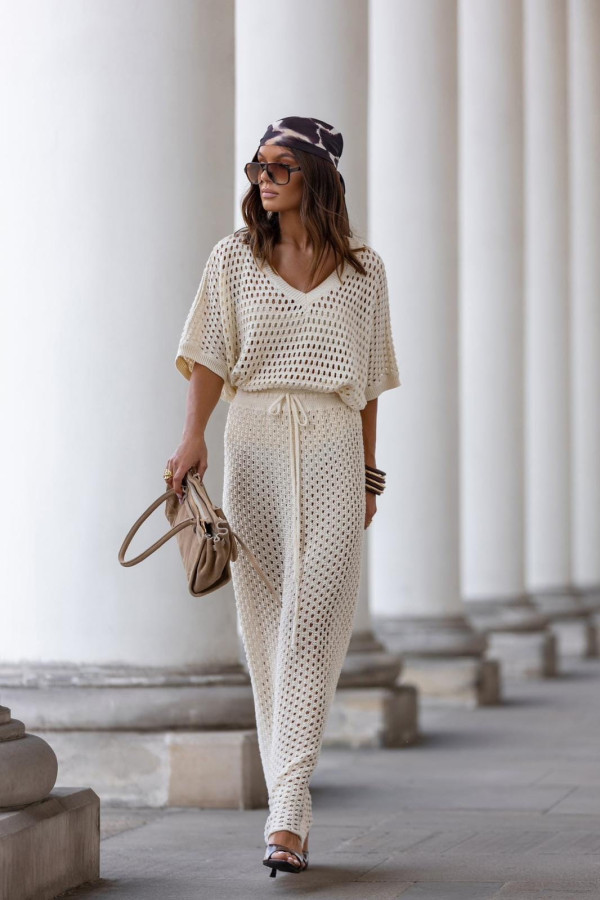 Kremowa ażurowa maxi spódnica boho na lato cocomore