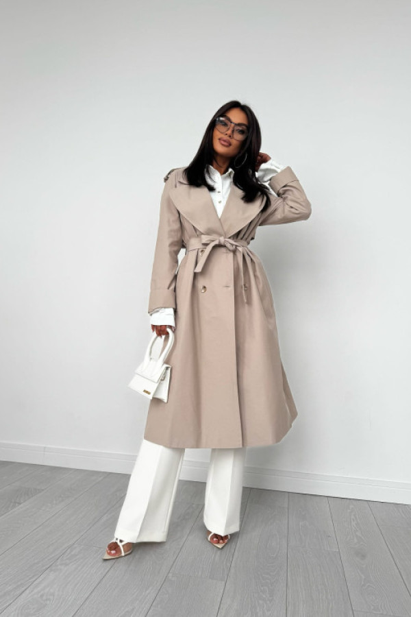 Beżowy trencz damski edan – dwurzędowy płaszcz przejściowy na jesień