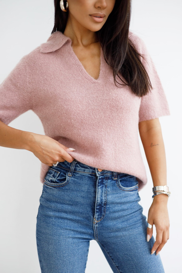 Różowy sweter polo z moherem i wełną – krótki rękaw