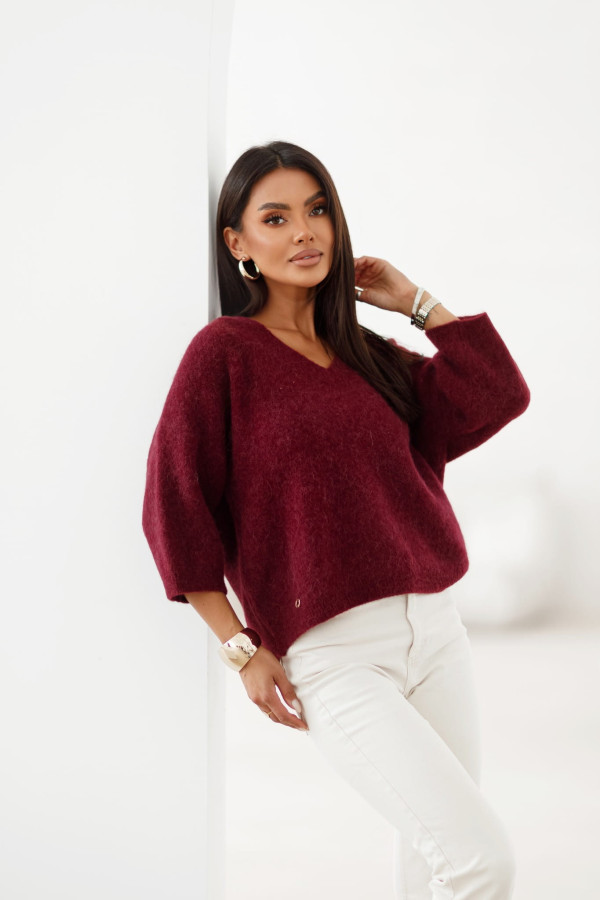 Sweter w serek z baby alpaki i wełny premium bordowy oversize