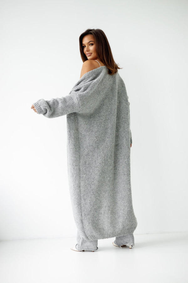 Szary długi kardigan damski z wełny i moheru madame sue