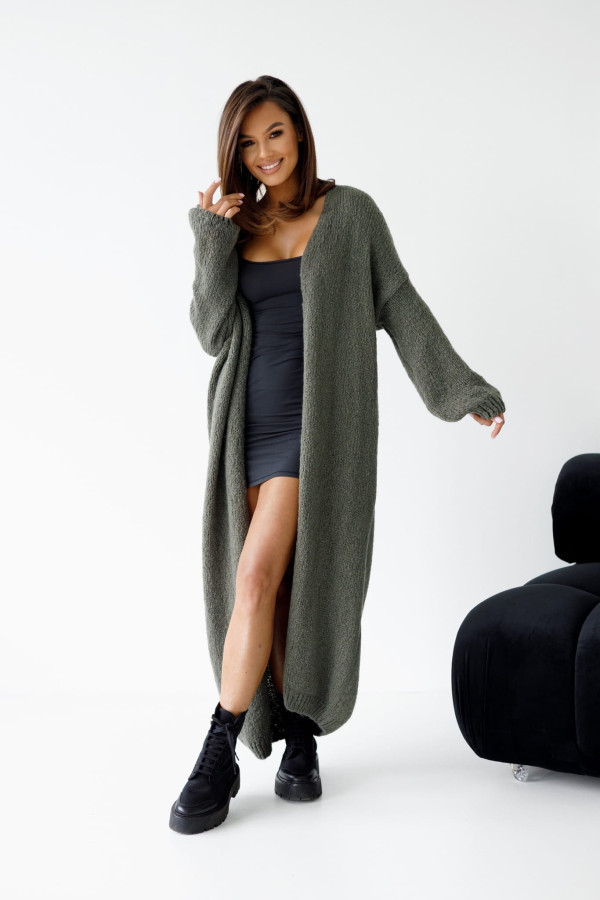 Khaki długi kardigan damski z wełny i moheru madame sue
