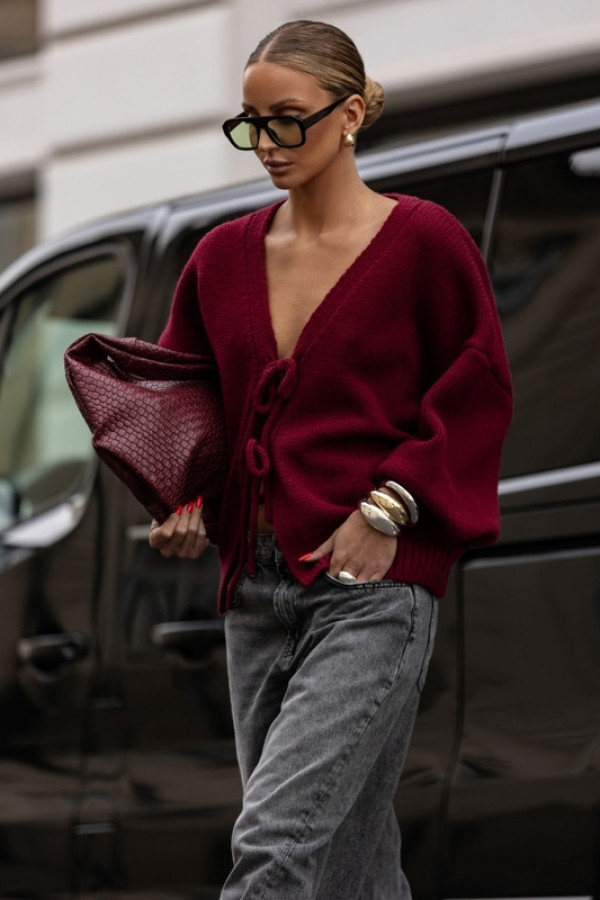 Kardigan damski z wiązaniem bordowy cocomore