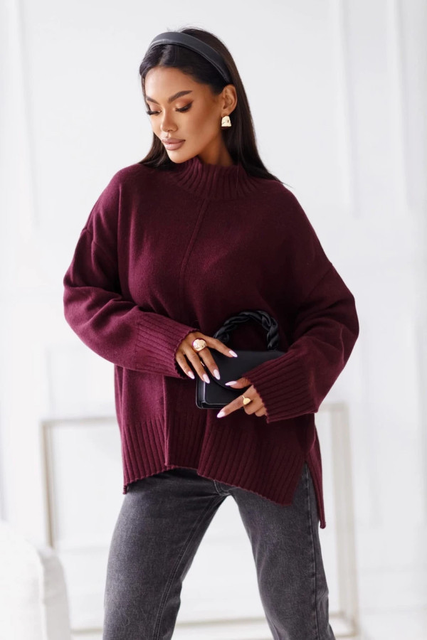 Damski sweter z wełny z półgolfem madame sue śliwkowy