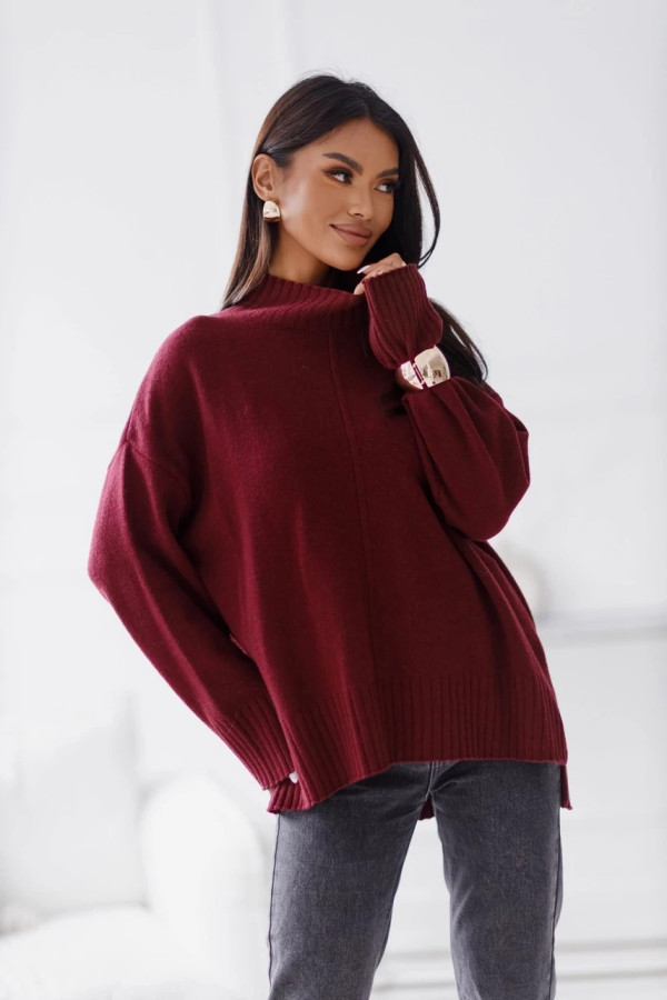 Damski sweter z wełny z półgolfem madame sue bordowy