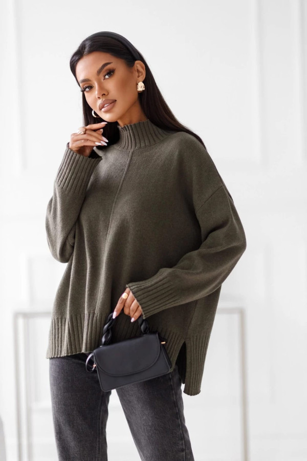 Damski sweter z wełny z półgolfem madame sue khaki