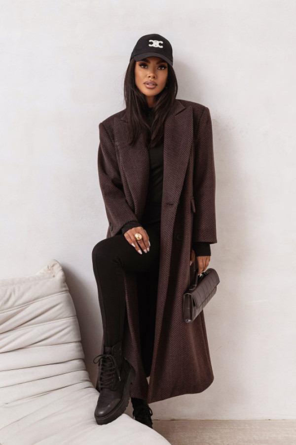 Długi płaszcz damski oversize w jodełkę me gusta brązowy