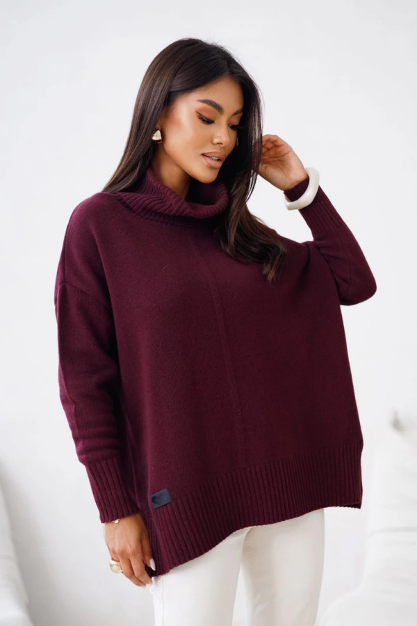 Damski sweter z wełny z golfem madame sue śliwkowy