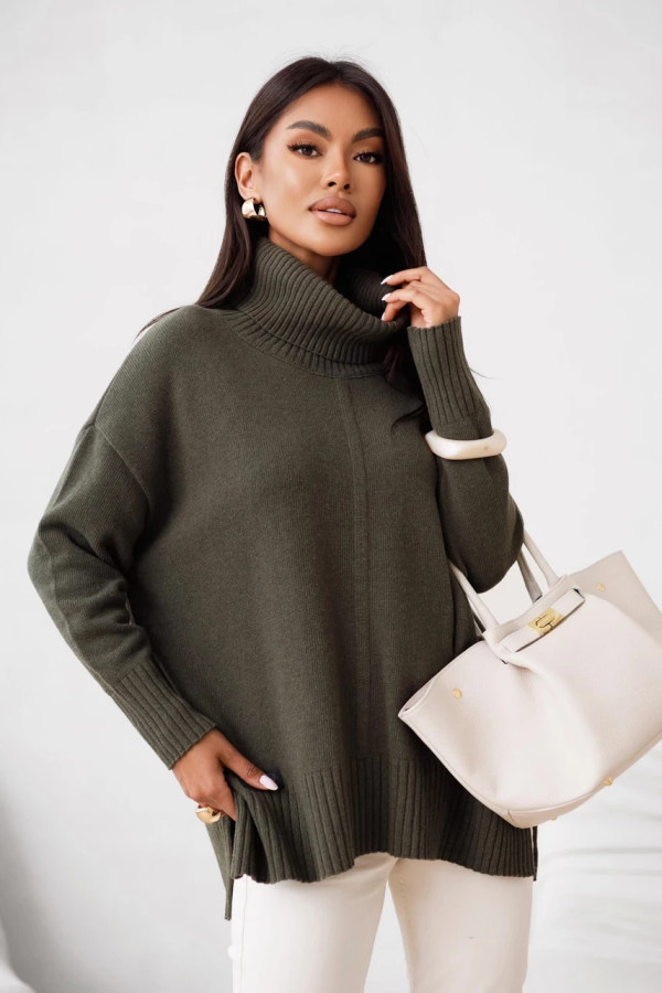 Damski sweter z wełny z golfem madame sue khaki