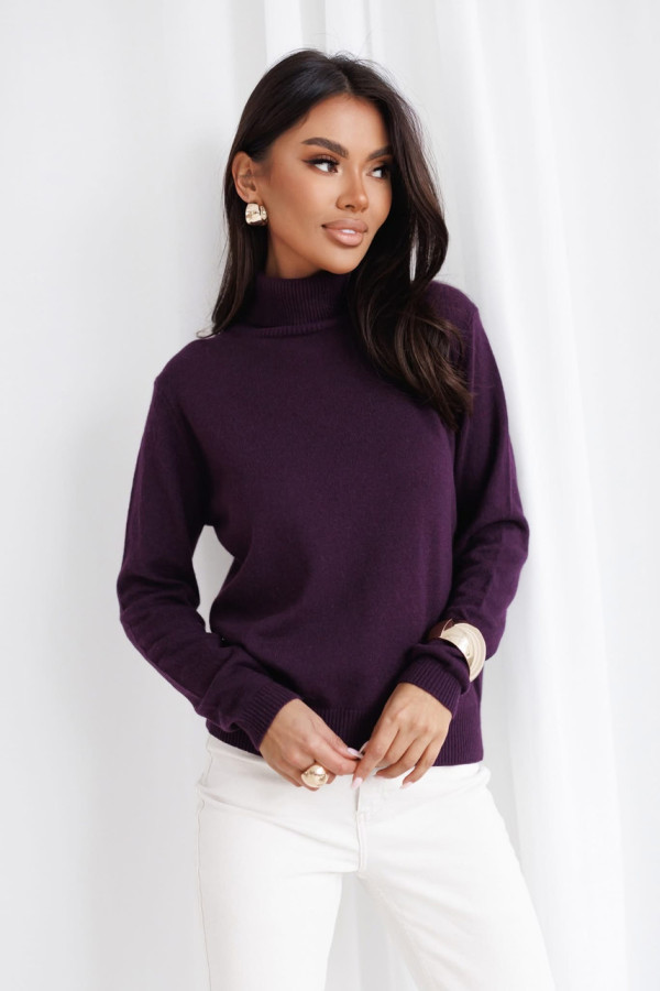 Sweter damski z golfem śliwkowy z wełną i kaszmirem – miękki sweter premium