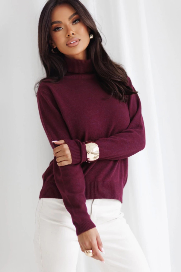 Sweter damski z golfem bordowy z wełną i kaszmirem – miękki sweter premium