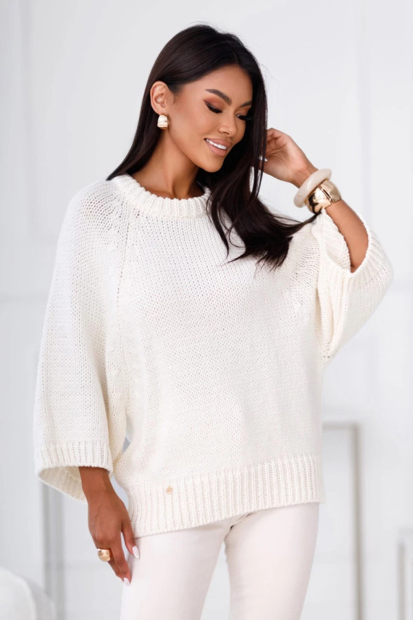 Sweter damski wełna, alpaka ecru premium z szerokimi rękawami