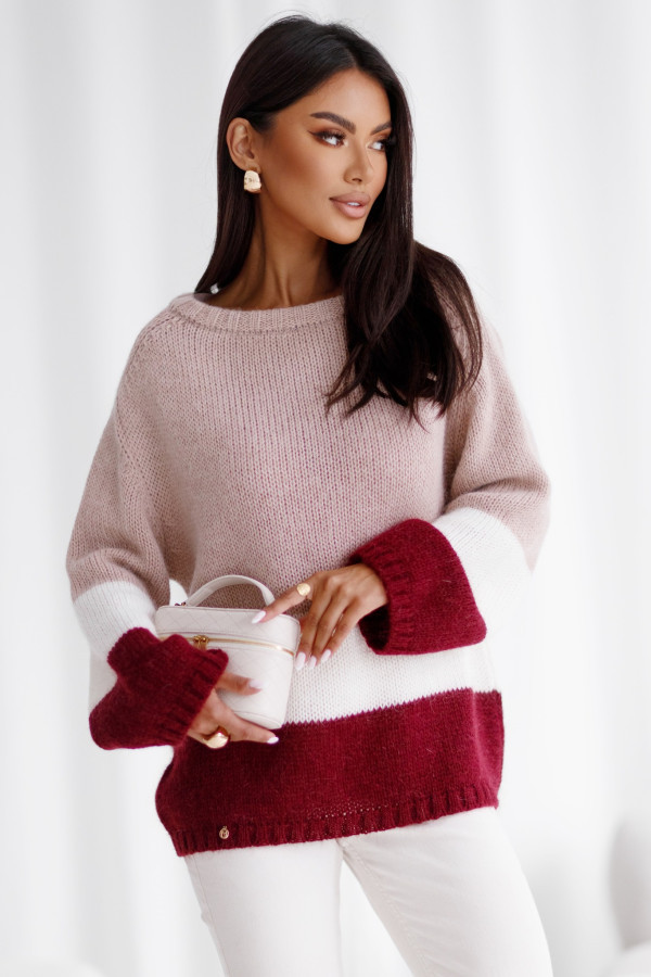 Sweter damski w pasy z wełną i moherem oversize madame sue