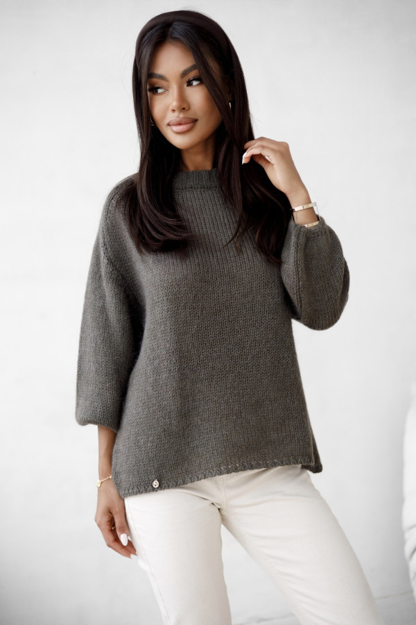 Sweter damski z wełną i moherem oliwkowy liss madame sue