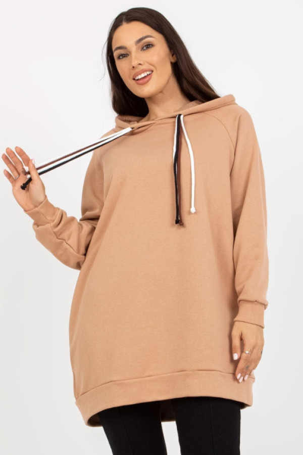 Długa bluza tunika damska w kolorze carmelowym z kapturem morgan