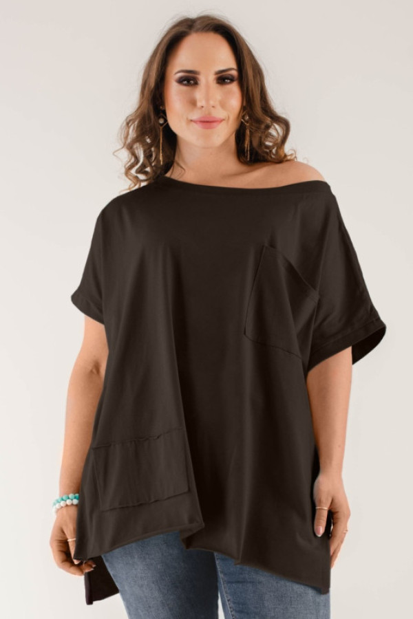Bluzka oversize w kolorze czekoladowym dłuższy tył kieszeń tanisha