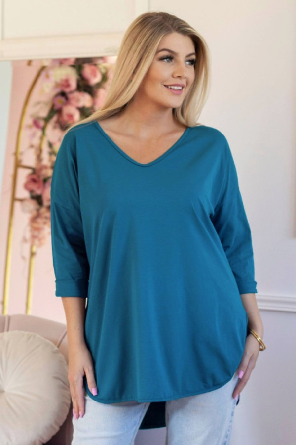 Casualowa damska bluzka w kolorze morskim dłuższy tył dekolt v serek chandi