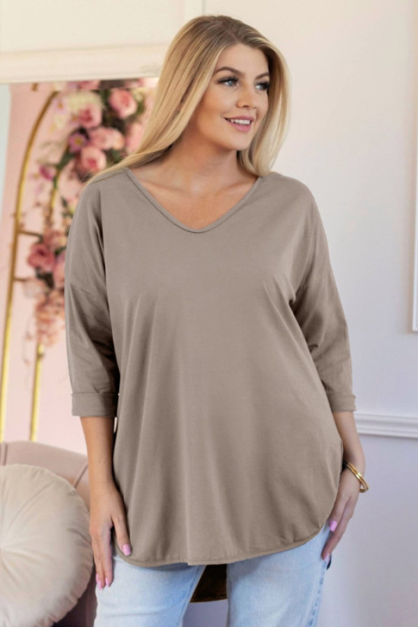 Casualowa damska bluzka w kolorze fango dłuższy tył dekolt v serek chandi