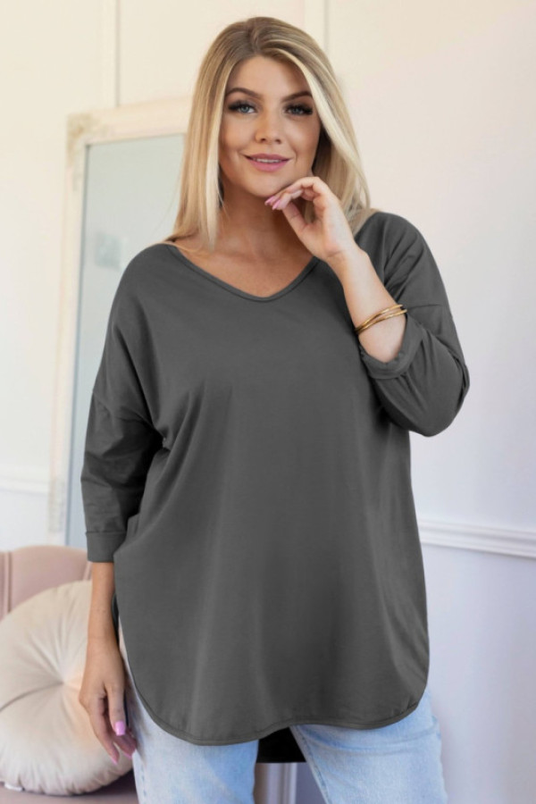 Casualowa damska bluzka w kolorze grafitowym dłuższy tył dekolt v serek chandi