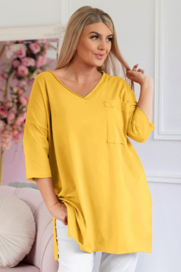 Tunika damska w kolorze żółtym bluzka oversize v-neck kieszeń polina